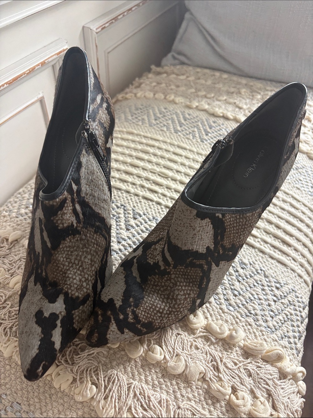 Calvin Klein Snake-Print Pointed Toe Ankle Booties - Black & Brown